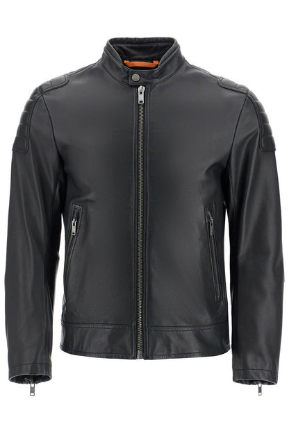 Black Leather Jacket With High Collar And Quilted Details  - Black