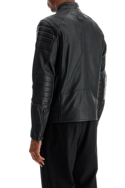 Black Leather Jacket With High Collar And Quilted Details  - Black