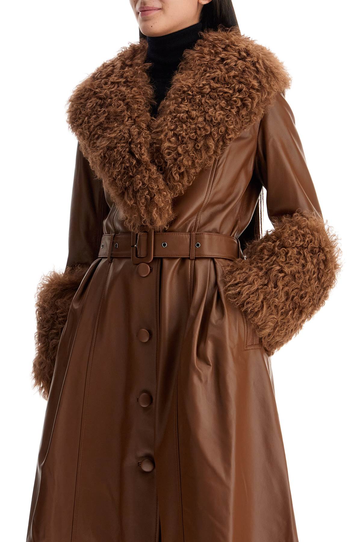 Long Foxy Leather And Shearling Coat  - Brown