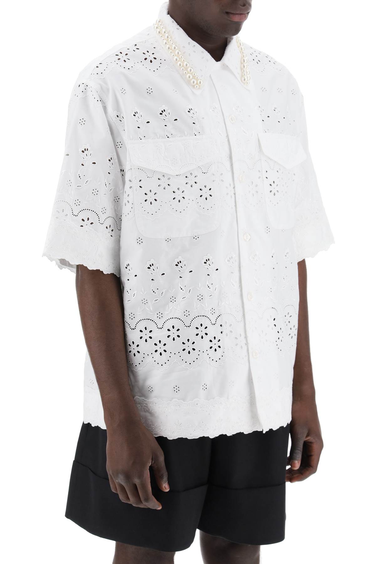 "scalloped Lace Shirt With Pearl  - White