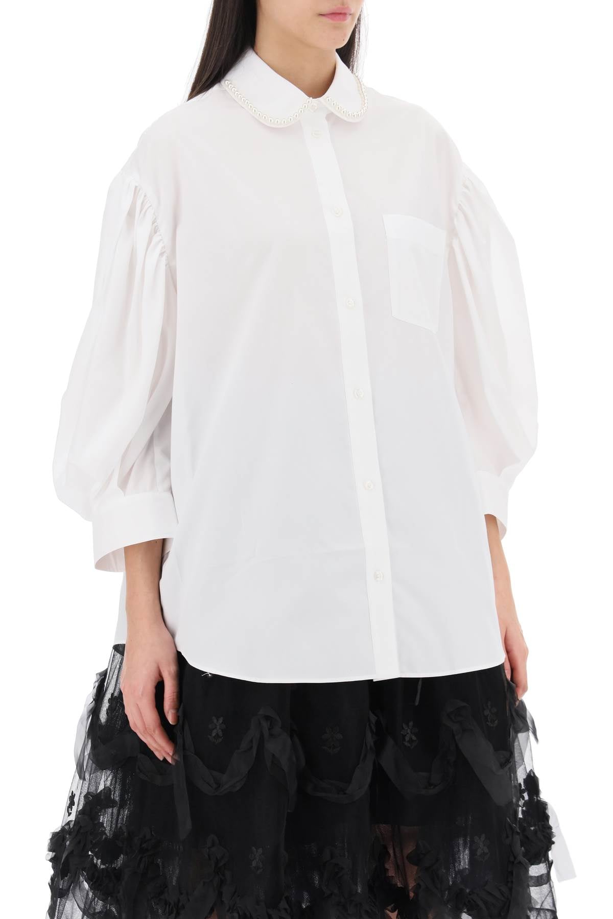 Puff Sleeve Shirt With Embellishment  - White