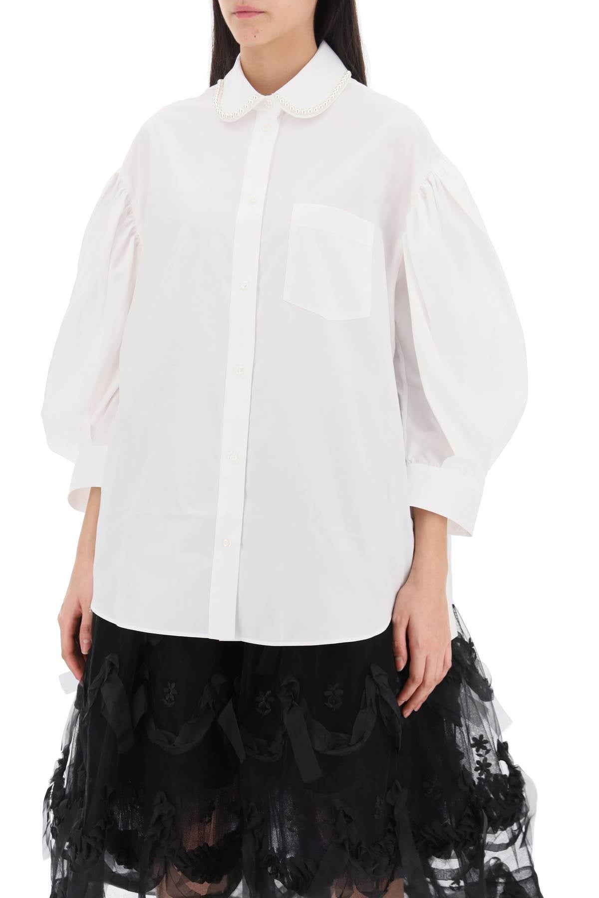 Puff Sleeve Shirt With Embellishment  - White