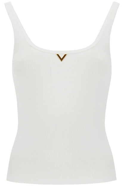 Ribbed Tank Top With V Neckline  - White