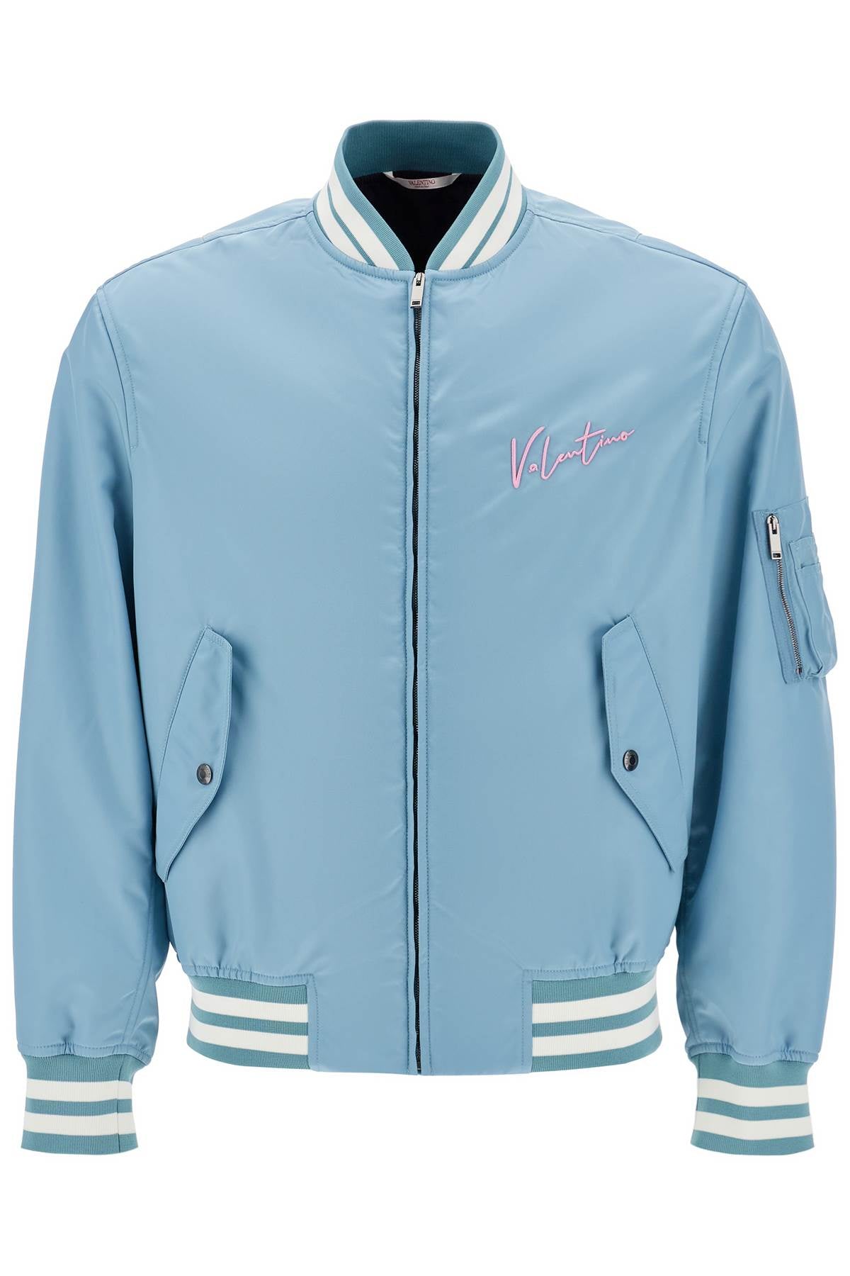 Nylon Bomber Jacket With Embroidery And Print.  - Light Blue