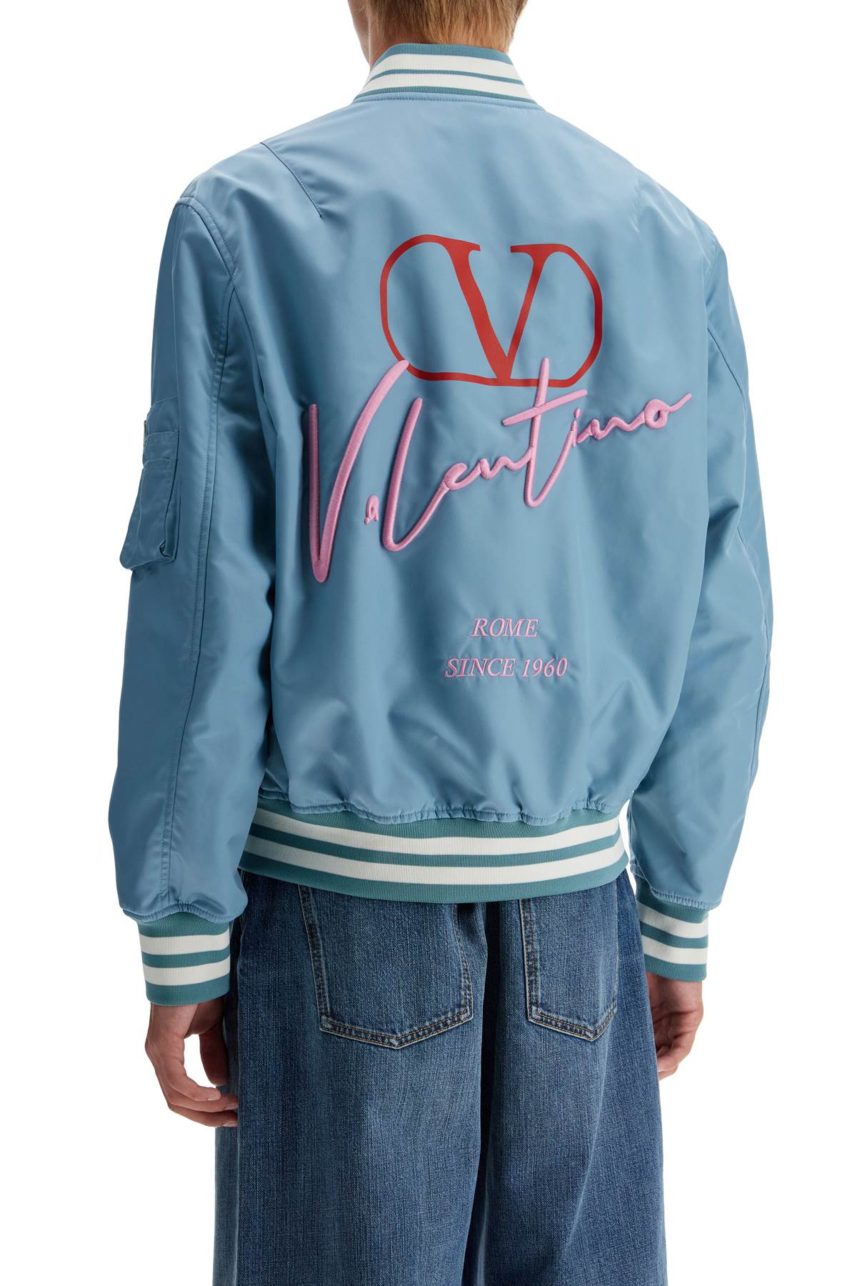 Nylon Bomber Jacket With Embroidery And Print.  - Light Blue