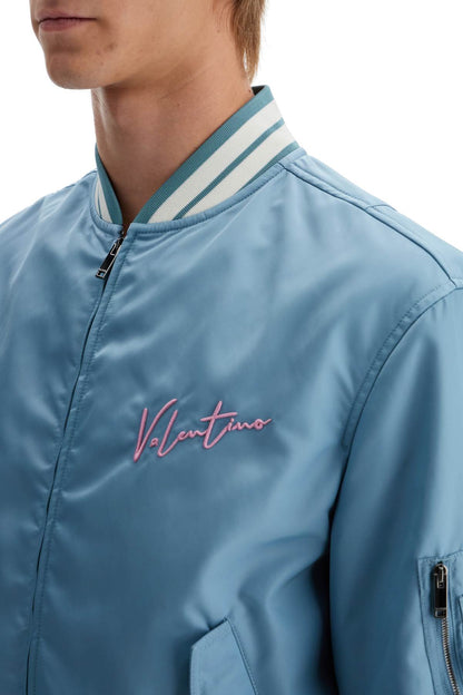 Nylon Bomber Jacket With Embroidery And Print.  - Light Blue