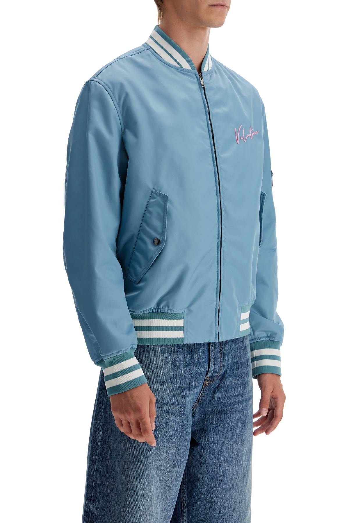 Nylon Bomber Jacket With Embroidery And Print.  - Light Blue