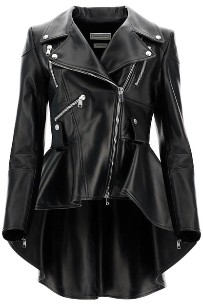 Peplum Leather Biker Jacket  - Black