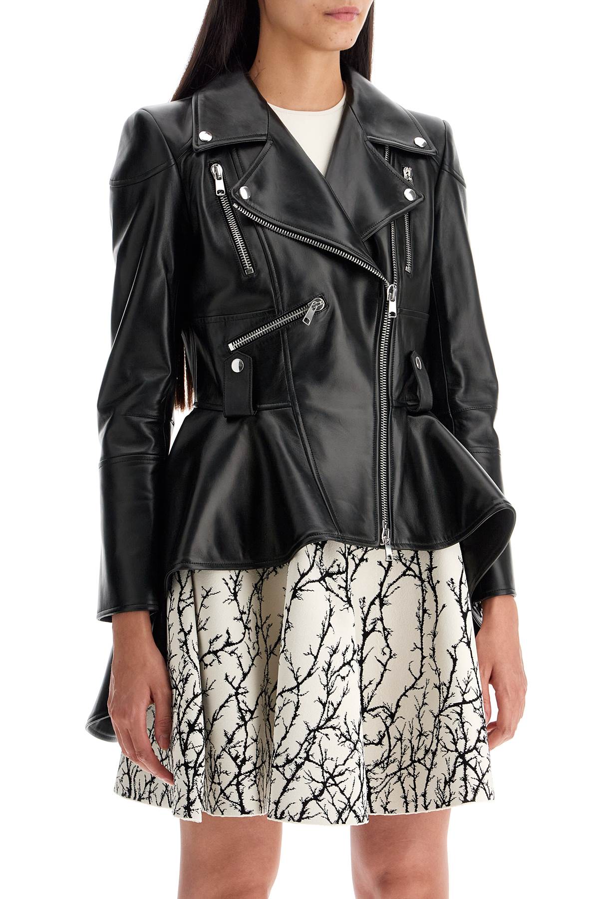 Peplum Leather Biker Jacket  - Black