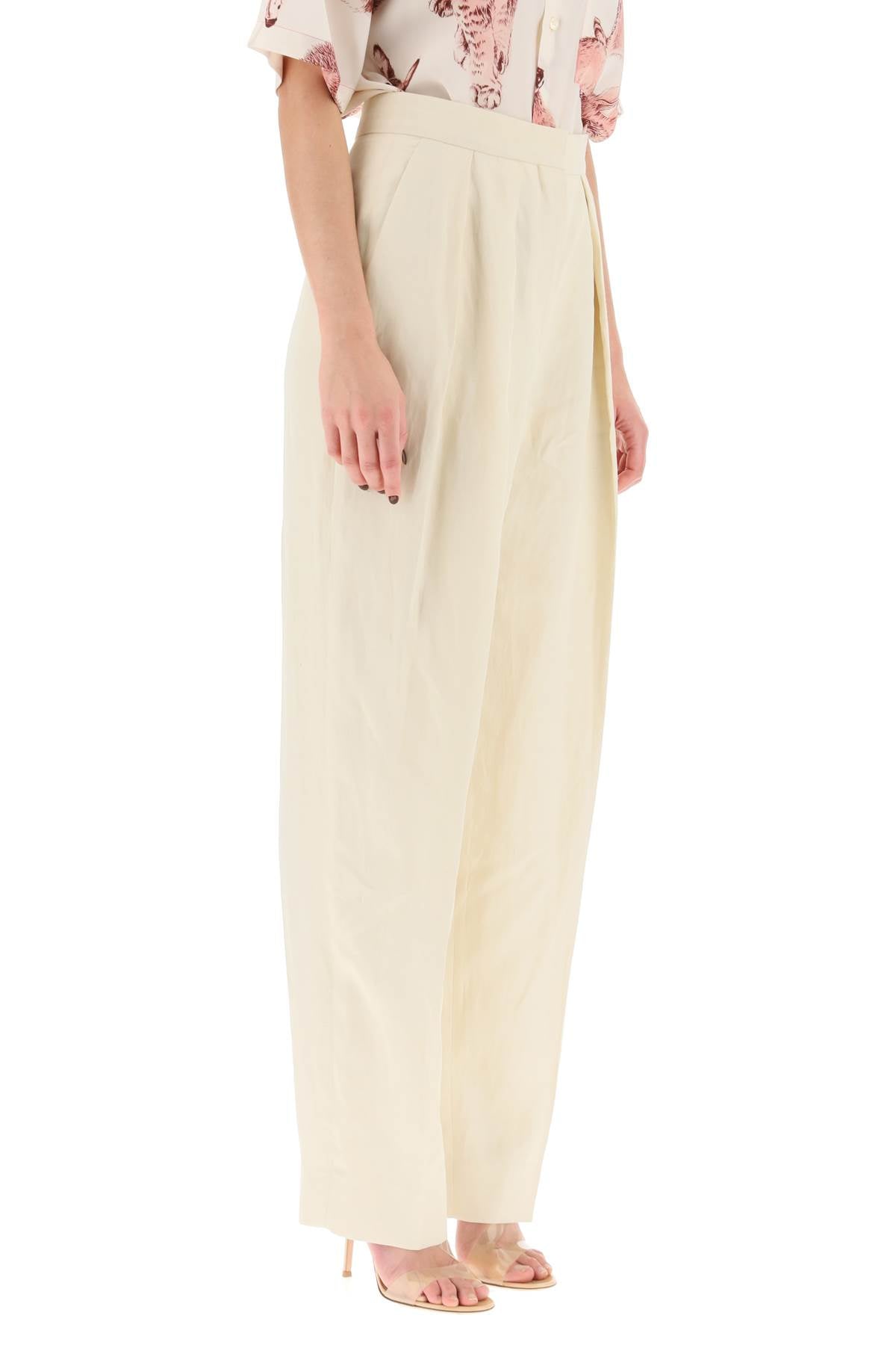 Loose Linen Blend Pants With Front Pleats  - Beige