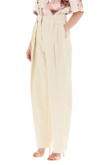 Loose Linen Blend Pants With Front Pleats  - Beige