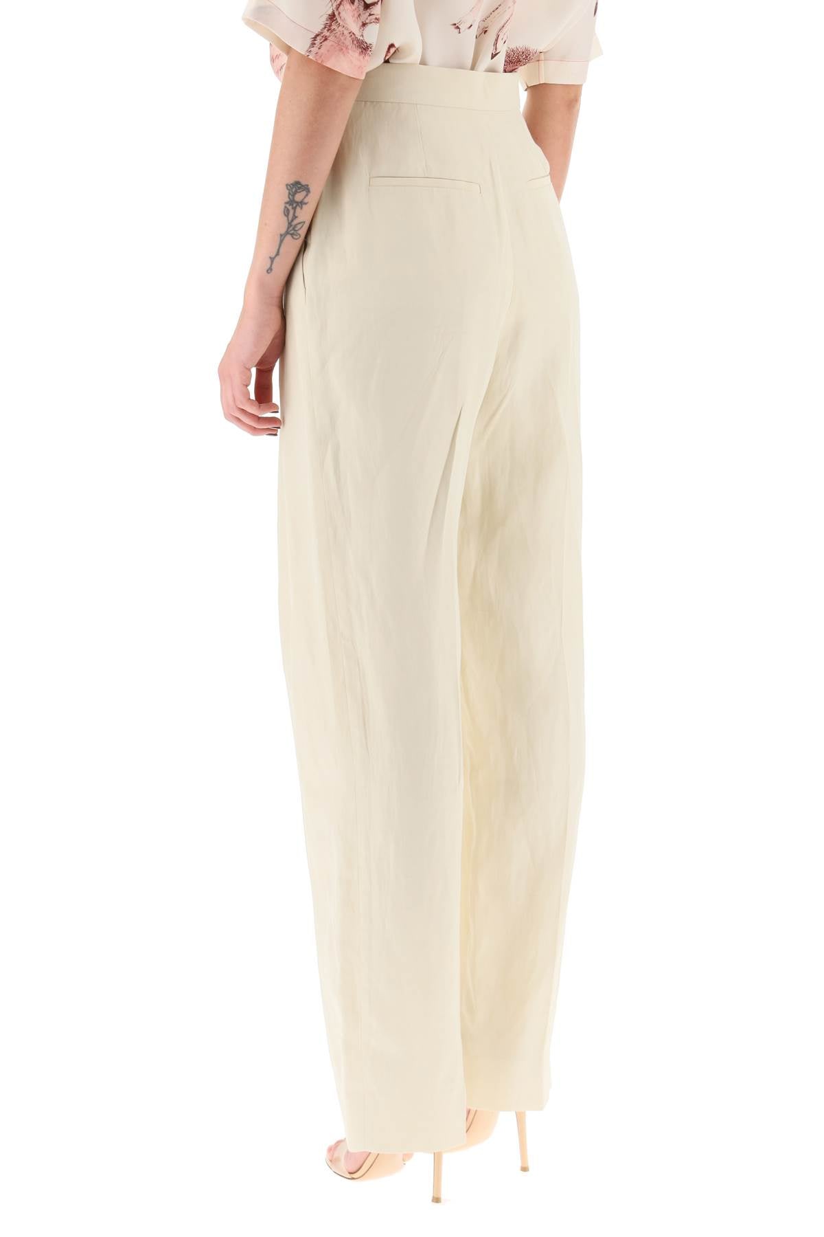 Loose Linen Blend Pants With Front Pleats  - Beige