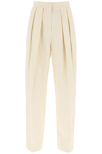 Loose Linen Blend Pants With Front Pleats  - Beige