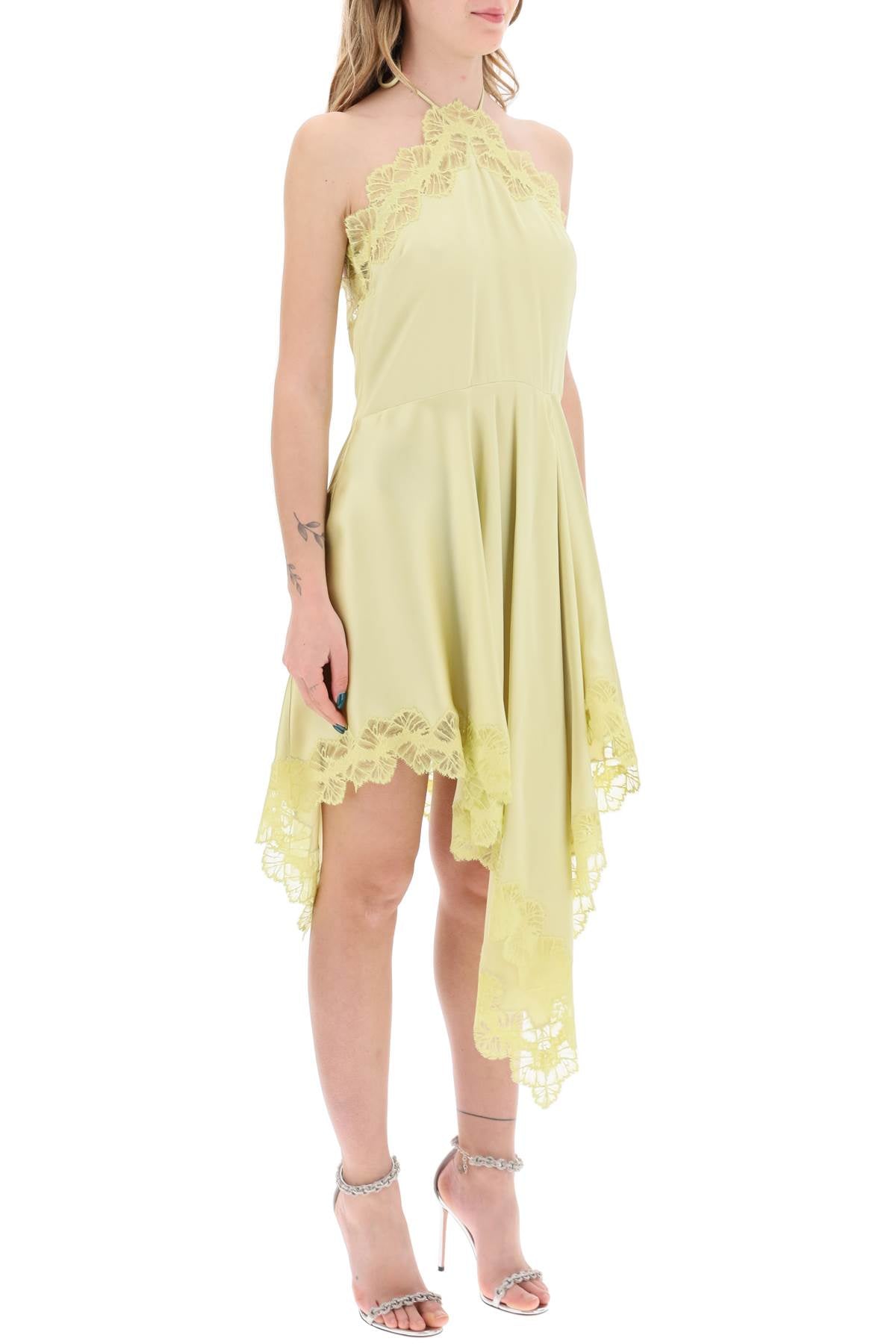 Asymmetric Satin Dress With Lace Detail  - Yellow