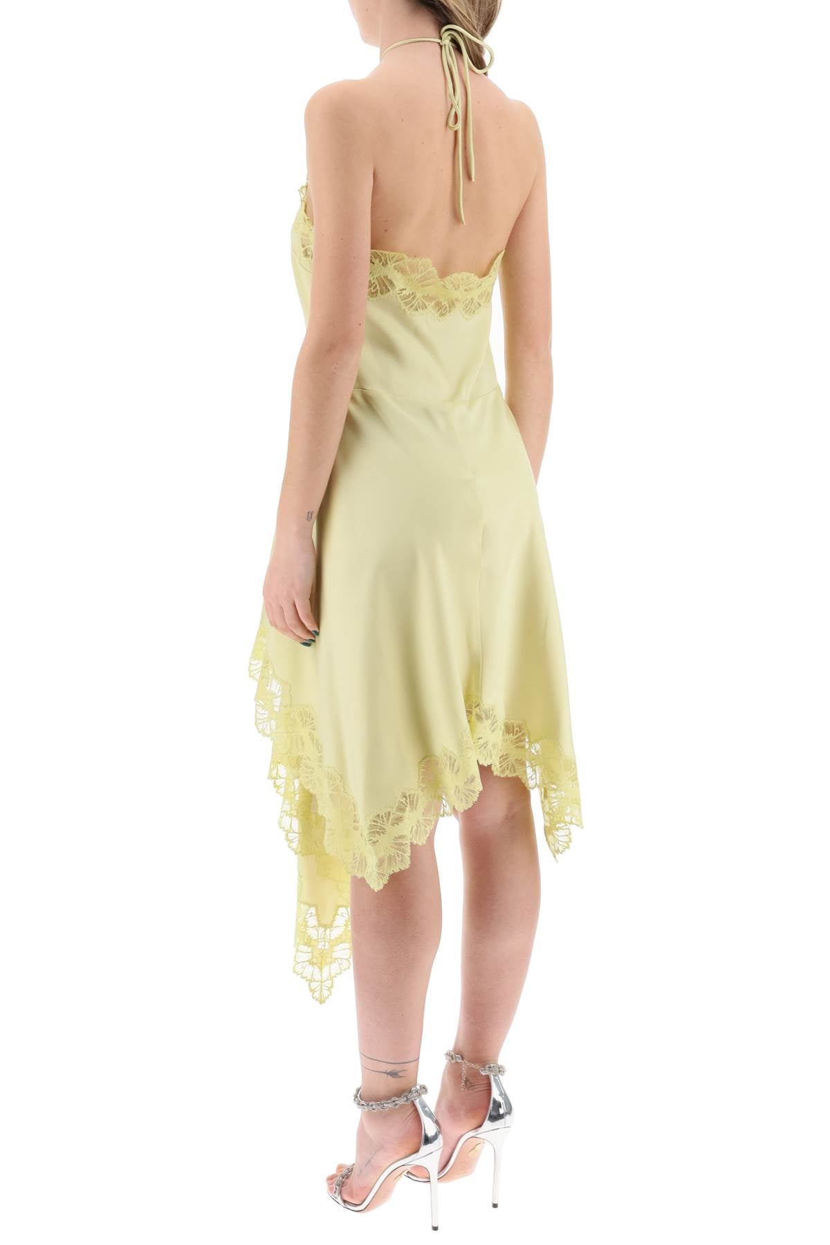 Asymmetric Satin Dress With Lace Detail  - Yellow