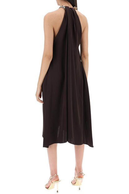 Satin Midi Dress With Chain Detail  - Brown