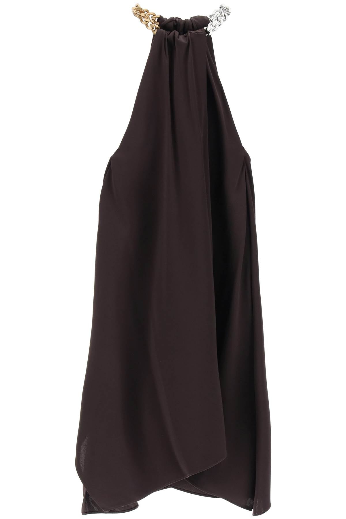 Satin Midi Dress With Chain Detail  - Brown