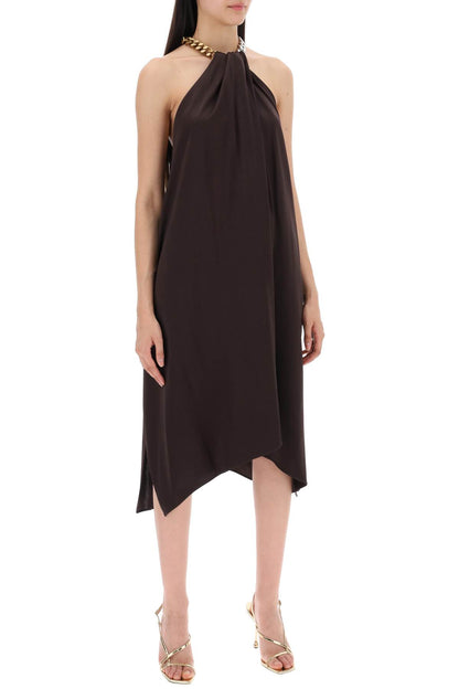 Satin Midi Dress With Chain Detail  - Brown