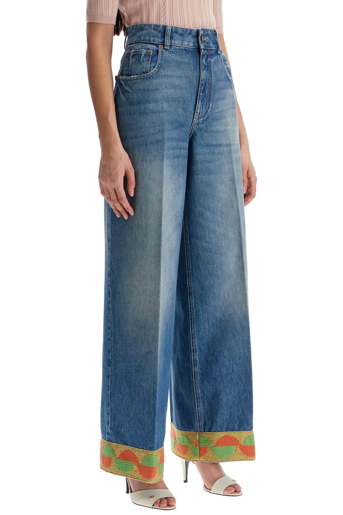 Wide Leg High Waist Jeans With Colorful Trim In Medium Blue  - Blue