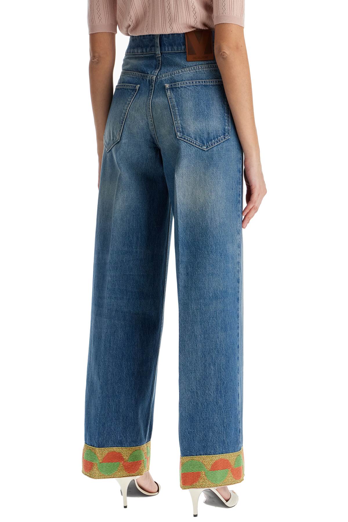 Wide Leg High Waist Jeans With Colorful Trim In Medium Blue  - Blue