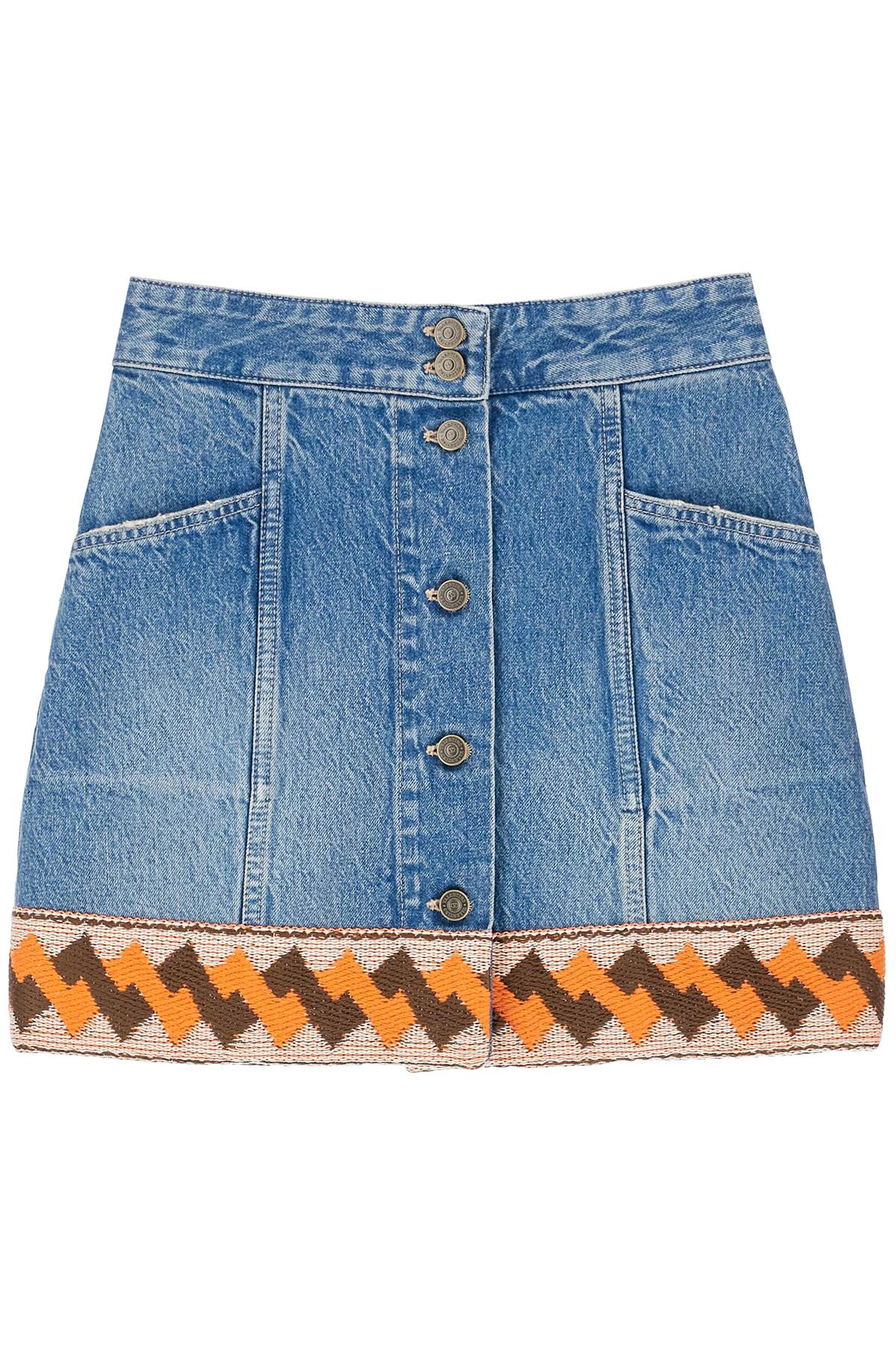 Medium Blue Denim Skirt With Geometric Trim  - Blue