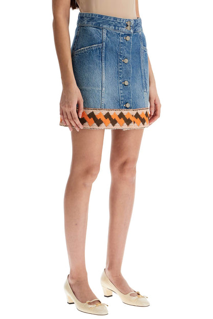 Medium Blue Denim Skirt With Geometric Trim  - Blue