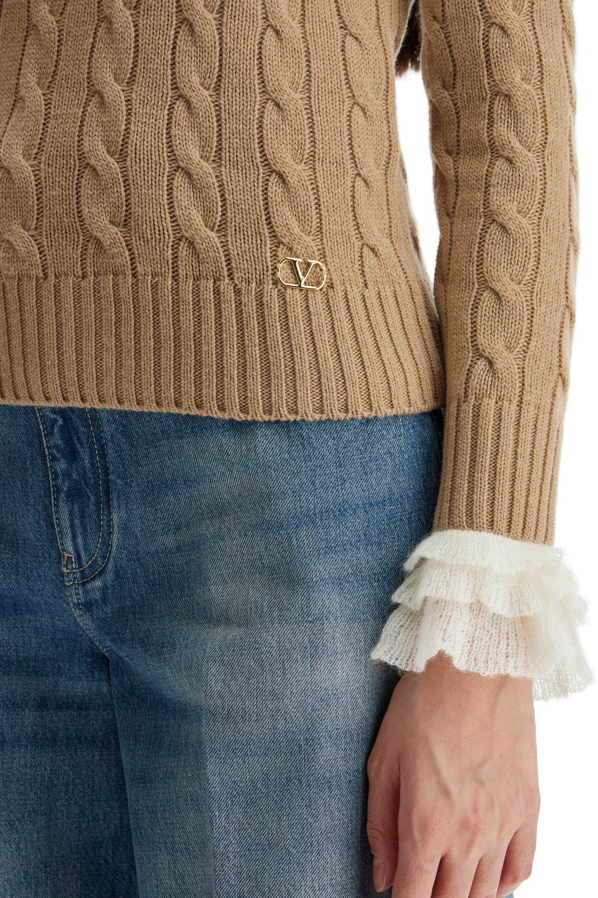 Beige And Ivory Cable Knit Crew Neck Sweater  - Beige