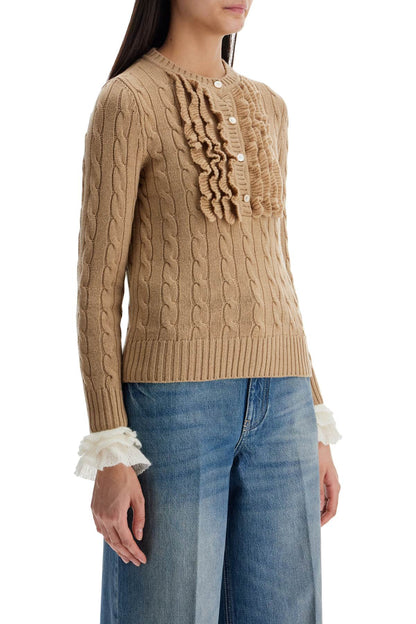 Beige And Ivory Cable Knit Crew Neck Sweater  - Beige