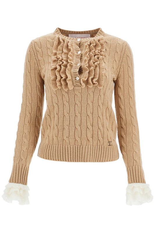 Beige And Ivory Cable Knit Crew Neck Sweater  - Beige