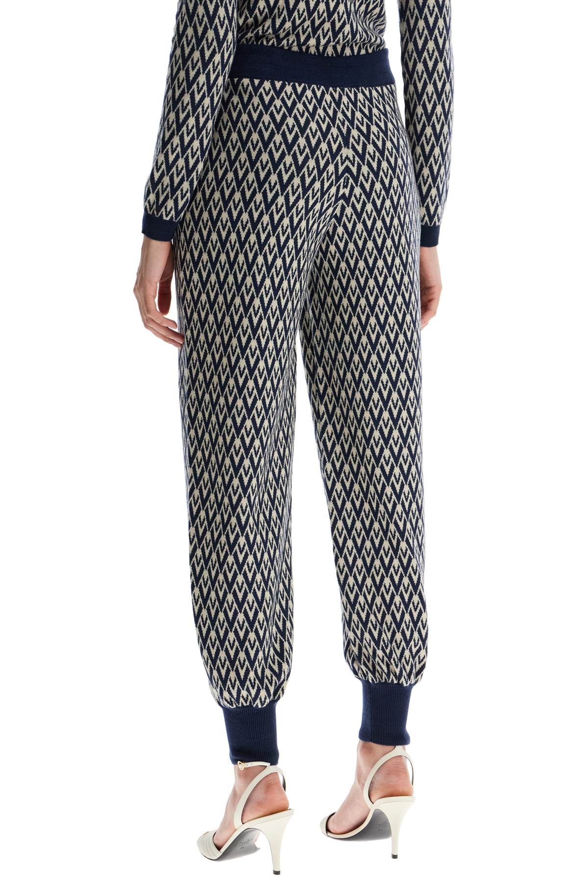 High-waisted Wide-leg Zigzag Cream And Navy Virgin Wool Pants  - Blue