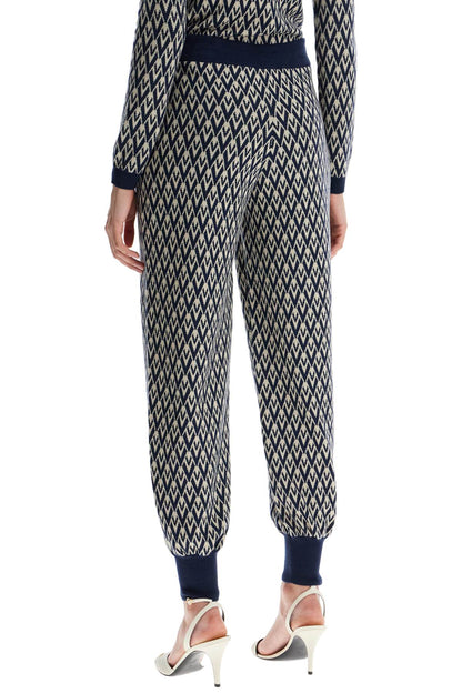 High-waisted Wide-leg Zigzag Cream And Navy Virgin Wool Pants  - Blue