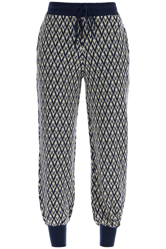 High-waisted Wide-leg Zigzag Cream And Navy Virgin Wool Pants  - Blue