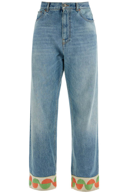 Medium Blue Denim Jeans With Decorative Green And Orange Trim  - Blue