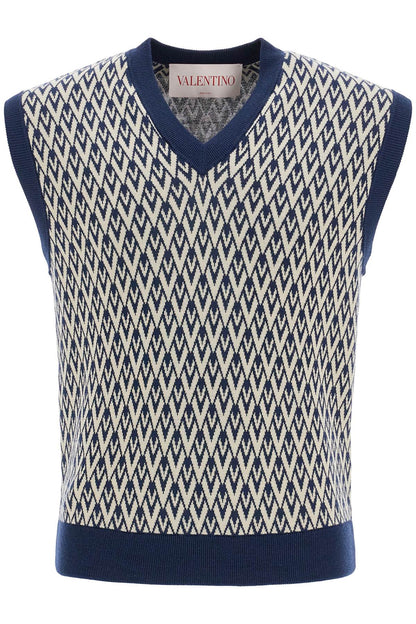 Men's Navy Virgin Wool Vest With Pattern  - Black