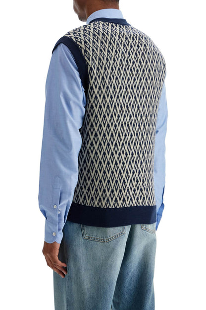 Men's Navy Virgin Wool Vest With Pattern  - Black