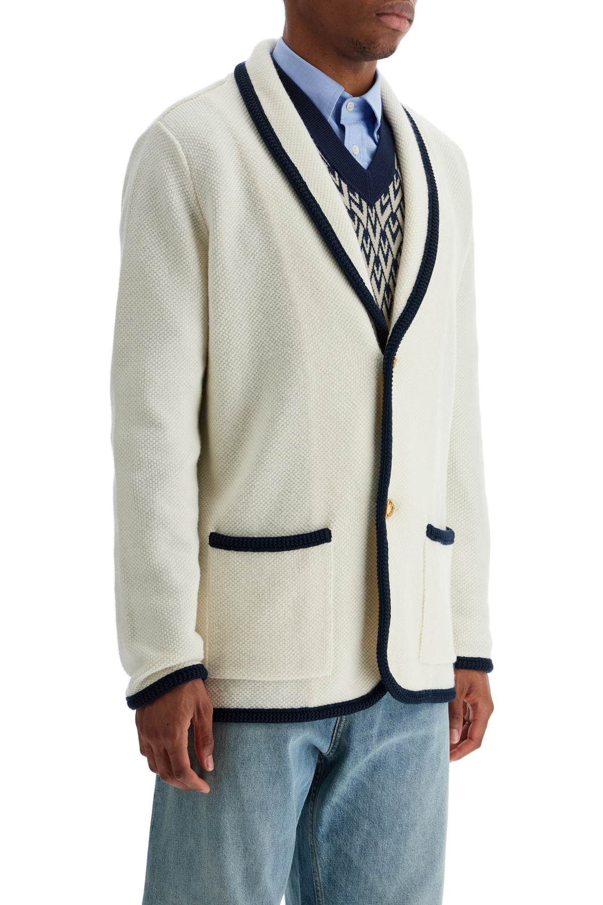 Men's Cotton And Wool Jacket In Butter Color With Shawl Collar  - Beige