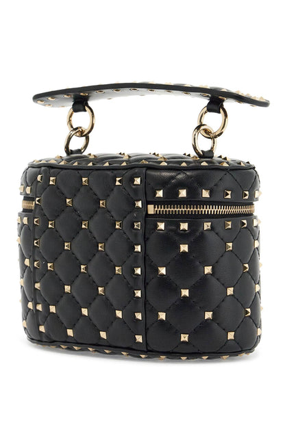 Black Quilted Leather Cylindrical Vanity Bag With Chain  - Black