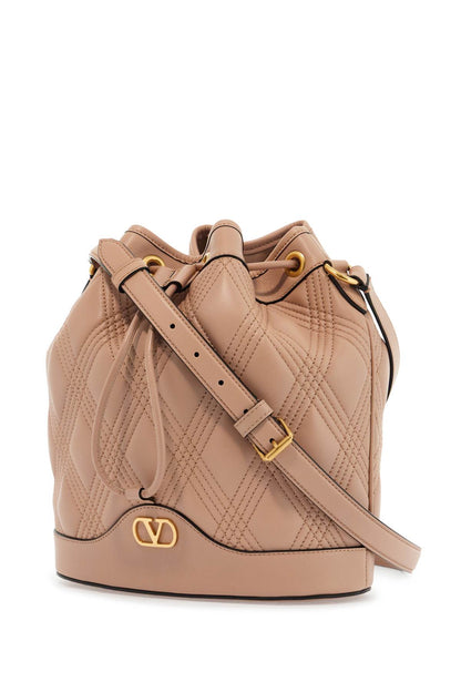 Quilted Pink Leather Bucket Crossbody Bag With Golden Details  - Pink