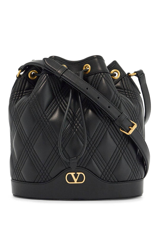 Quilted Black Leather Drawstring Bag  - Black