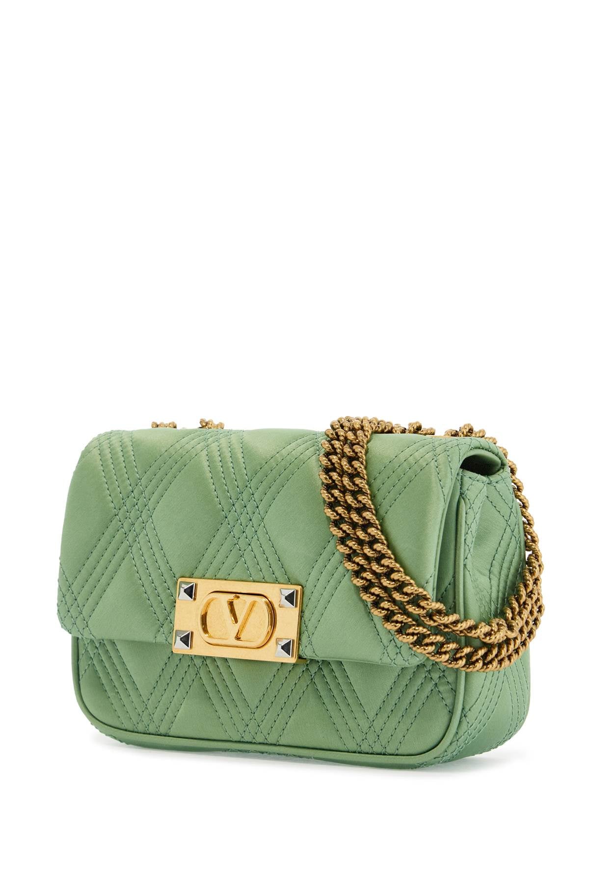 Small Quilted Green Silk Shoulder Bag With Chain  - Green