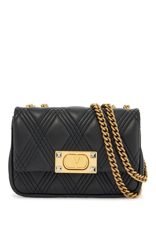 Small Black Quilted Shoulder Bag With Gold Chain  - Black