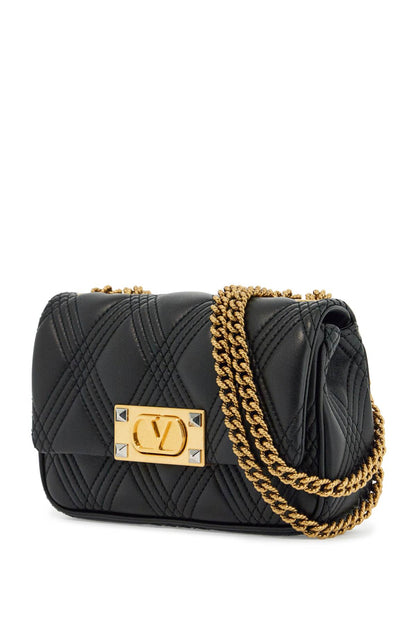 Small Black Quilted Shoulder Bag With Gold Chain  - Black