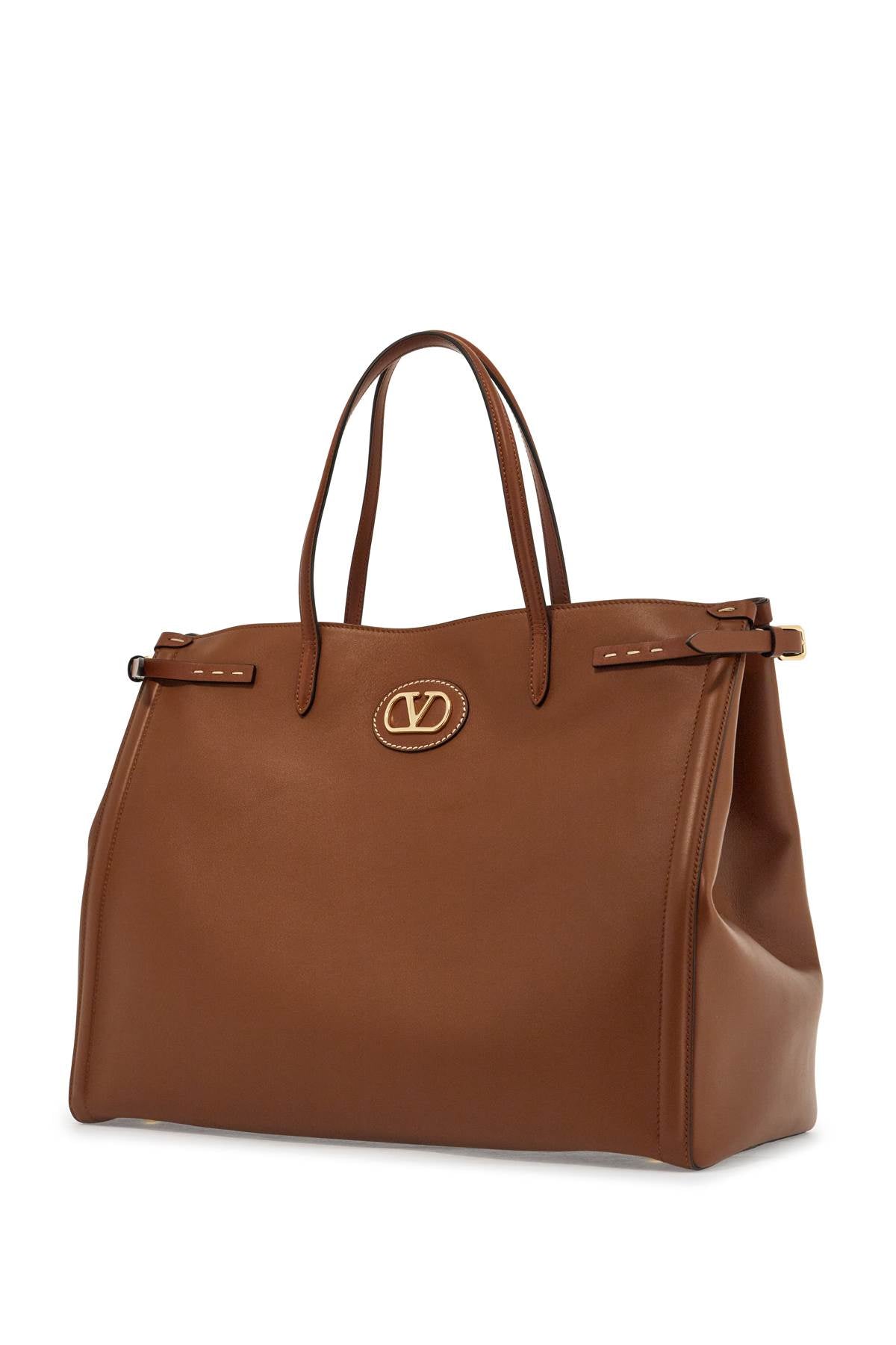 Borsa Tote Grande In Pelle Marrone Minimalista Con Fibbie Decorative  - Brown