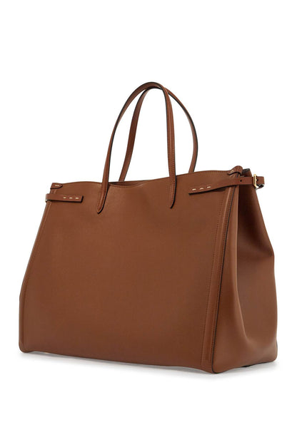 Borsa Tote Grande In Pelle Marrone Minimalista Con Fibbie Decorative  - Brown