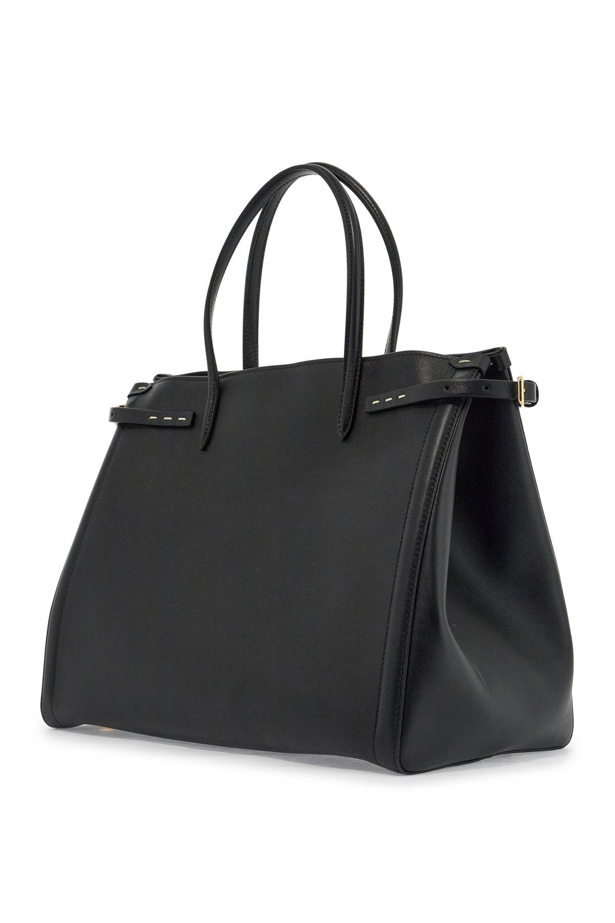 Borsa Tote In Pelle Nera Con Manici E Tracolla  - Black