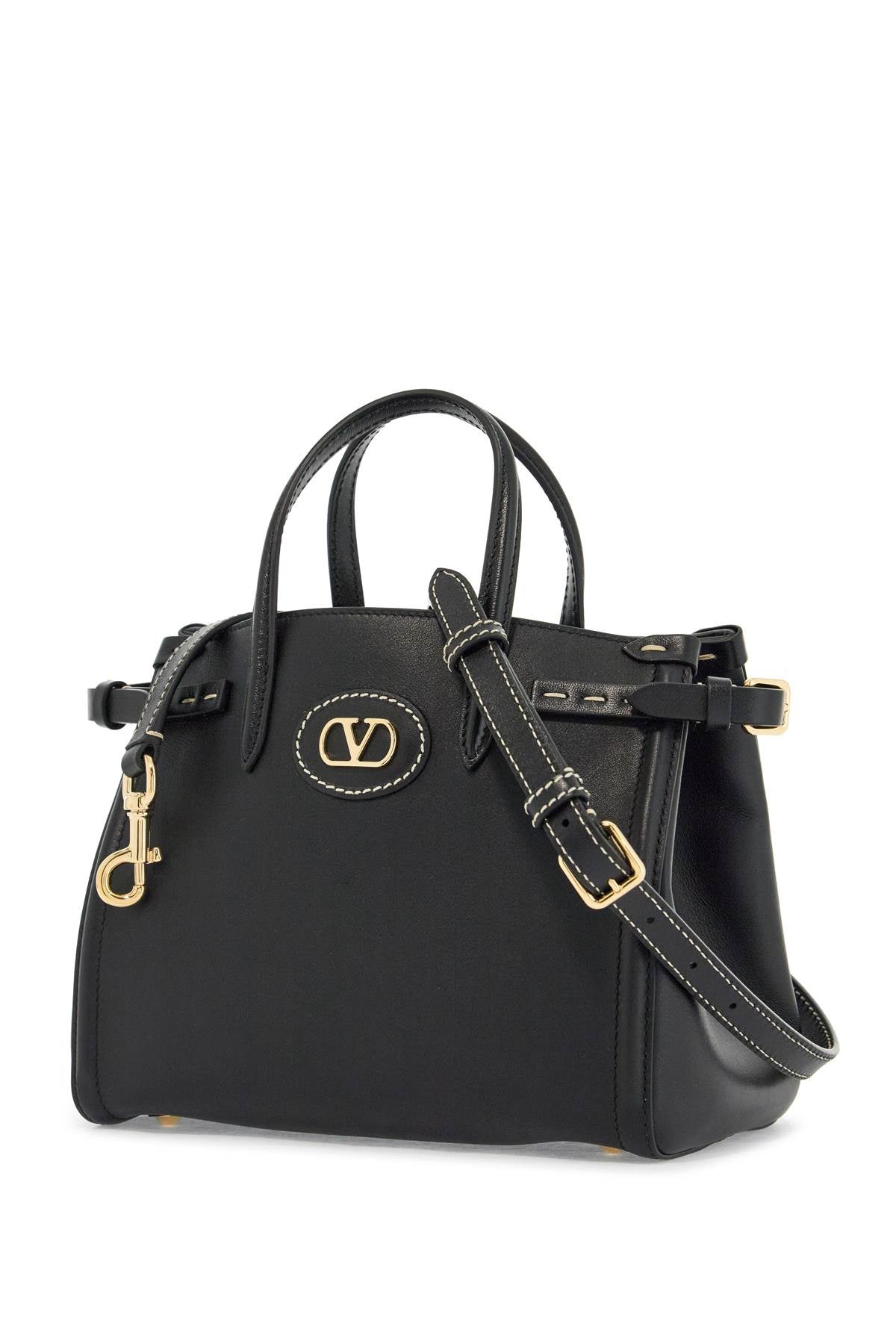 Borsa Tote Piccola Nera In Pelle Con Logo Oro  - Black