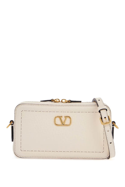 Mini Camera Case In Ivory Leather With Adjustable Strap And Golden Details  - Beige