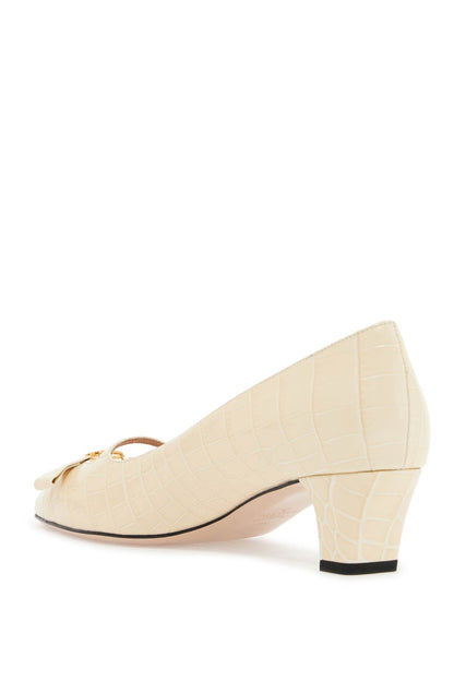 Butter White Crocodile Effect Leather Pumps With Medium Heel  - White