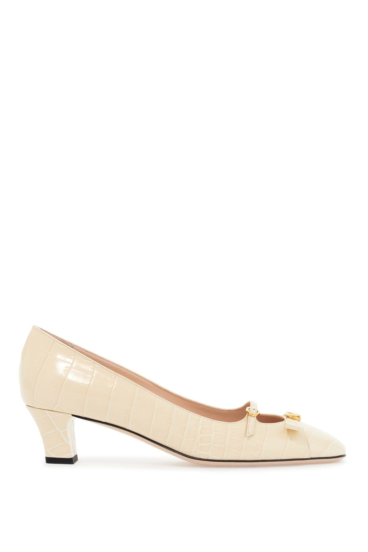 Butter White Crocodile Effect Leather Pumps With Medium Heel  - White