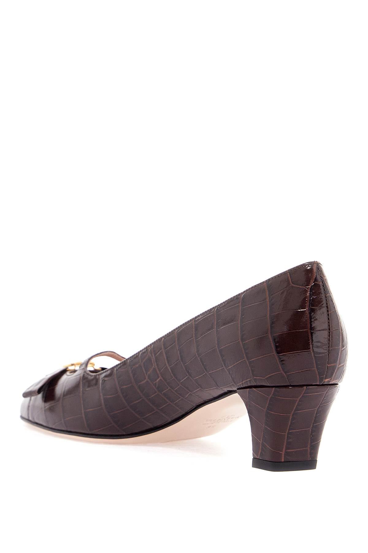 Brown Crocodile Effect Calfskin Pumps With Bow And Medium Heel  - Brown